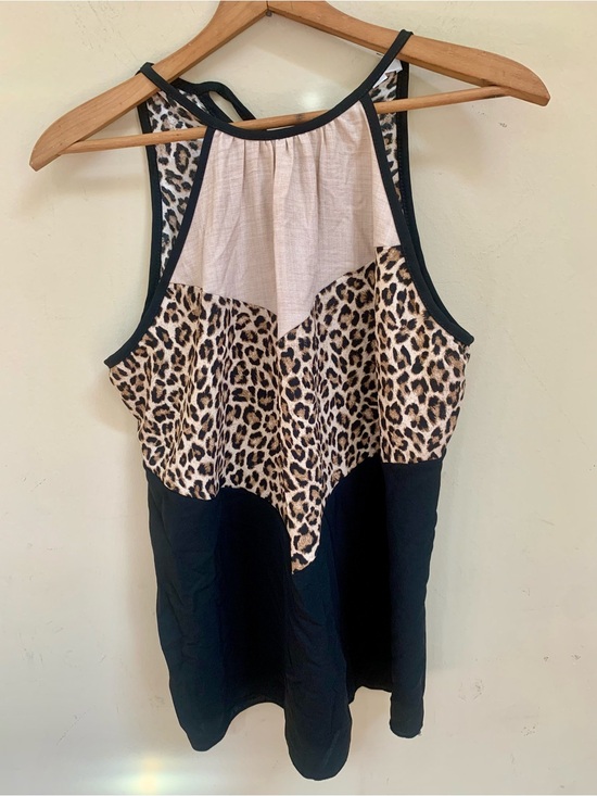 hailey & co Tops - Hailey Leopard Animal Print Black Tan Tie Back Halter Tank Top Sz Large